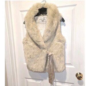 Mob Wife Faux Fur Vest Cream Shaggy‎ Tie Front Forever 21 M Medium Y2K